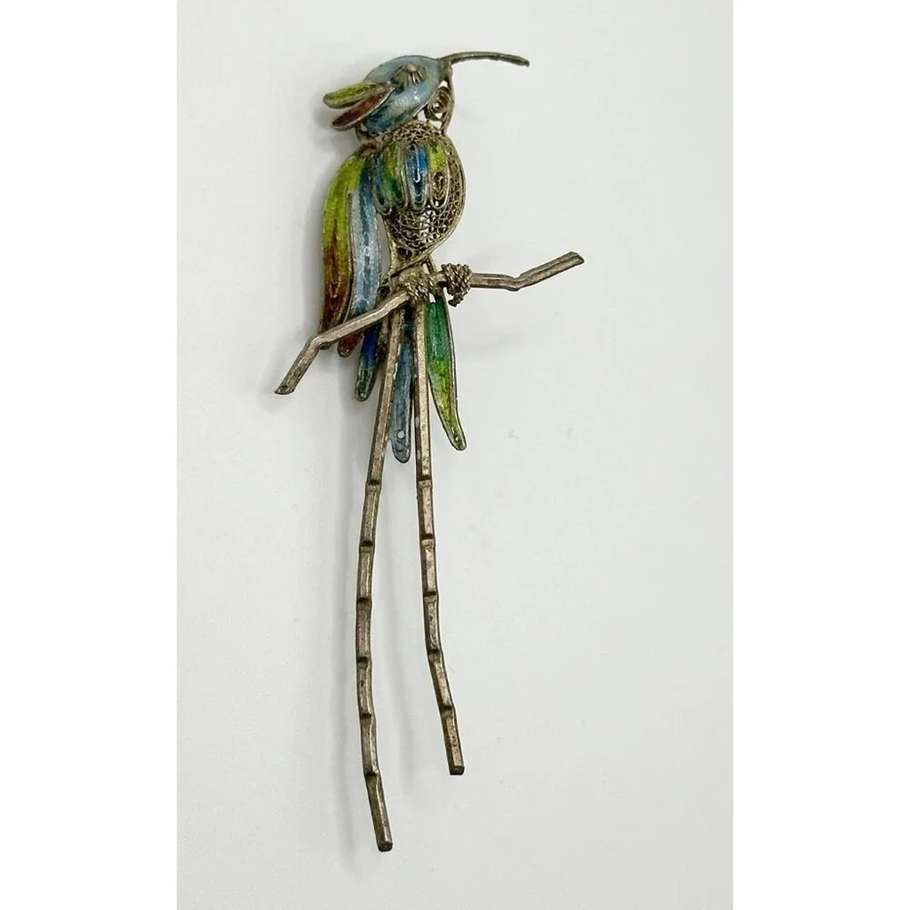 Enameled 800 Silver‎ Filigree Bird Parrot Pin Brooch